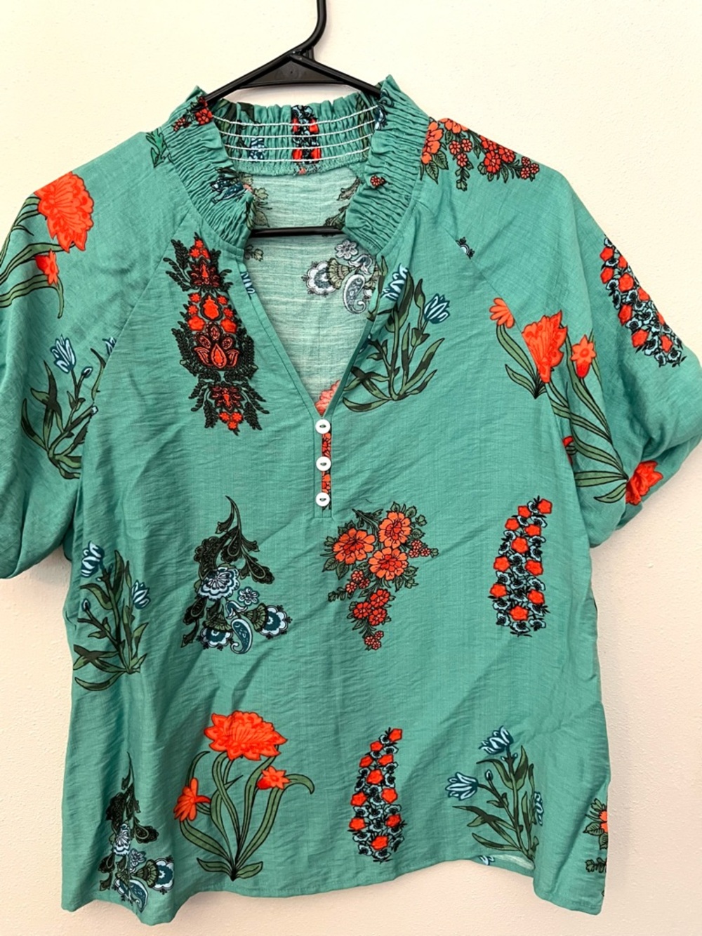 Teal Floral Button-Front Blouse with split collar and puff sleeves